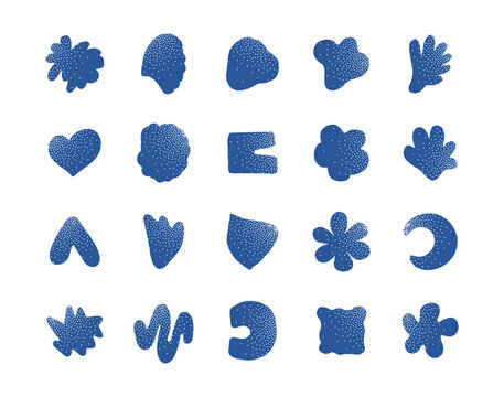 Abstract organic shapes logo elements modern vector icon set. Minimal hand drawn forms with dotted texture for branding social media and graphic design