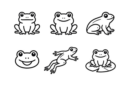 Cute frog character icon set in simple outline cartoon vector style