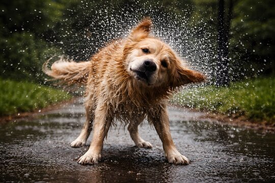A golden retriever shakes off water droplets after playing in the rain. The pathway is wet with puddles, and trees frame the background. The day is cloudy and gray