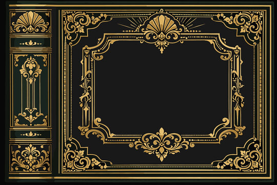 Vintage Luxury Book Cover and Spine Design with Ornate Gold Filigree Borders and Art Deco Victorian Ornaments, Classic Antique Leather Style Template for Journals, Menus, and Invitations