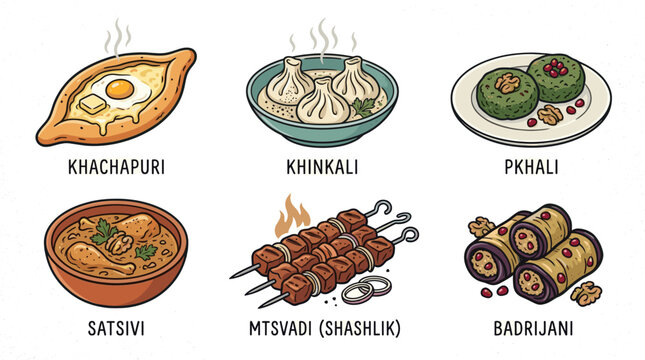 Traditional Georgian cuisine set with khachapuri khinkali and wine in flat illustration style