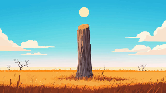 A stylized cartoon depiction of a landscape with a tree stump, bright sky, and subtle clouds
