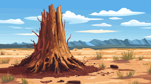 Pixelated artwork depicts a dead tree stump in a desert landscape under a blue sky