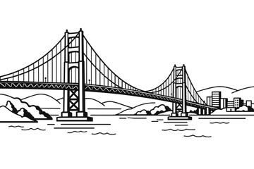 Fototapeta premium Detailed Black and White Line Art Illustration of a Suspension Bridge Spanning Across a Body of Water with Rolling Hills and a City Skyline in the Background, Minimalist Vector Design