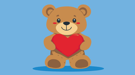 Fototapeta premium A cartoon teddy bear in brown color holds a red heart on a blue background