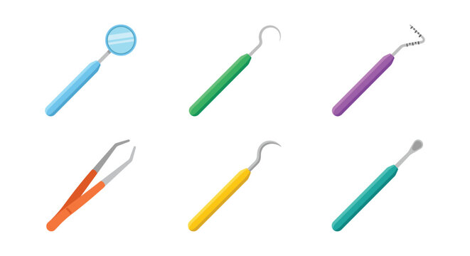 An assortment of colorful dental tools laid out on a white background