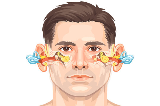 Detailed medical vector illustration of human ear anatomy showing outer, middle, and inner ear structures including the cochlea, ear canal, and eardrum, overlaid on a man's face for education.
