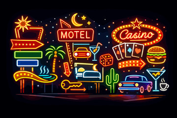 Vintage Retro Neon Signs Collection for Motel, Casino, and Bar  Glowing 1950s Style Signage with Playing Cards, Dice, Cocktails, Burger, and Classic Cars  Vibrant Nightlife Advertising Banners. © Nouman