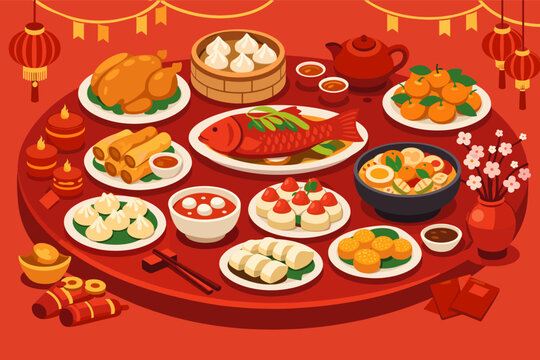 Isometric Vector Illustration of a Festive Lunar New Year Reunion Dinner Feast with Traditional Chinese Food, Fish, Dumplings, Spring Rolls, Oranges, Red Envelopes, Lanterns, and Decorations.