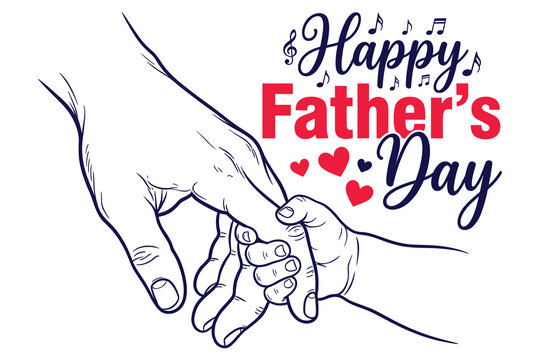 Father&rsquo;s Day celebration illustration featuring adult and child hands holding each other with musical notes and hearts overlay in vibrant red blue black color palette