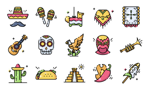 Mexican Culture Icon Set for Cinco de Mayo Hand Drawn Vector Illustration