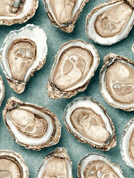 The four shucked oysters show off their glistening meat against a vivid blue backdrop
