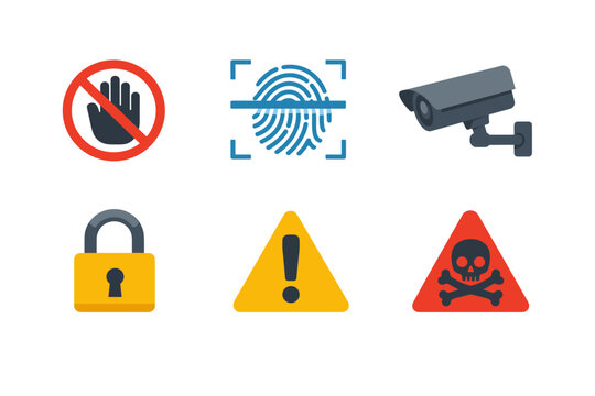 Set of Security and Safety Icons Including Access Denied Hand, Biometric Fingerprint Scan, CCTV Surveillance Camera, Yellow Padlock, Warning Exclamation Mark, and Danger Skull and Crossbones.