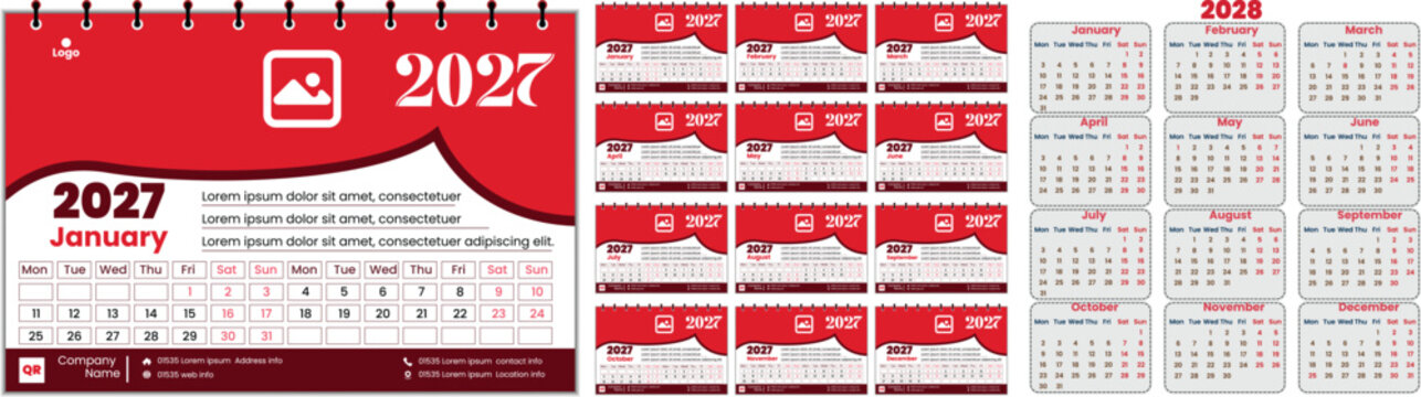 Wall calendar pages for 2027 and 2028 with red and white color scheme and spiral binding at top  various month spreads with dates and space for notes
