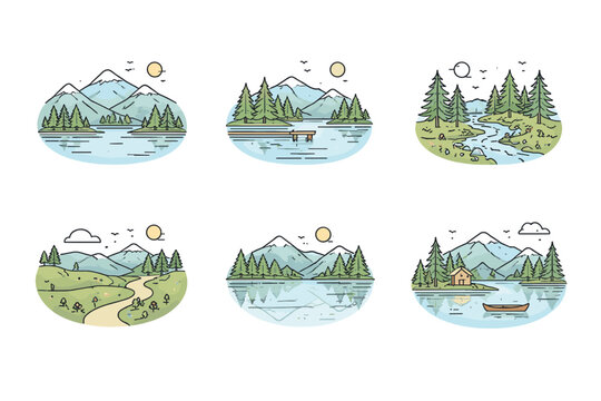 Serene Landscape Line Icon Set Featuring Calm Snow Capped Mountains Quiet Lakes Pine Forests Cozy Cabin Winding Path and River Scenes for Nature Themed Graphic Design Branding and Web Projects.
