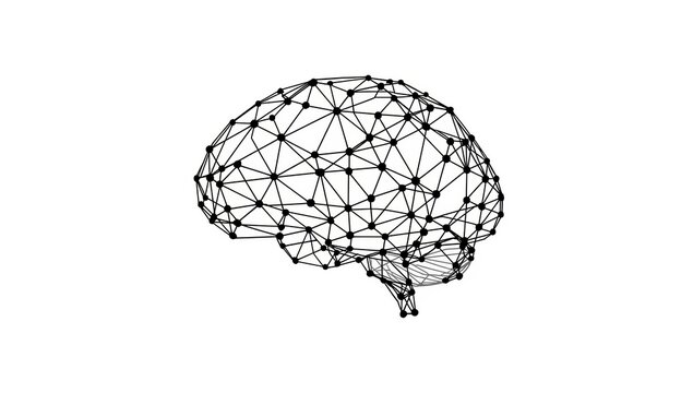 A black and white image of a wireframe brain isolated on white background