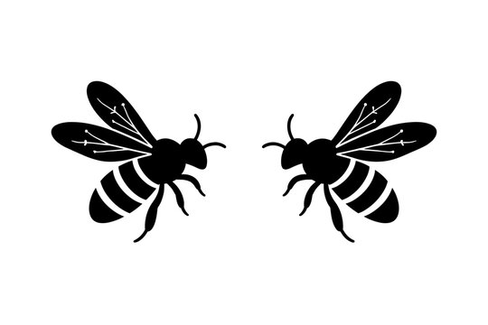 Two black bee silhouettes facing each other on a white background. Simple flat vector illustration of honey bees for logos, icons, or nature-themed designs. Minimalist insect graphic art element.