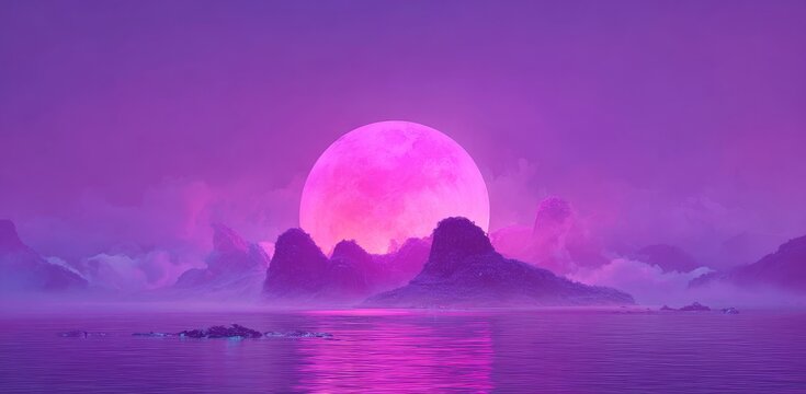 Quiet mountain ranges and a placid lake capture a huge pink moon at night. Suitable for fantasy or sci‑fi visual art