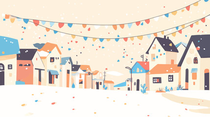 Obraz premium A whimsical street scene depicting a snow-covered town with colorful houses and festive bunting