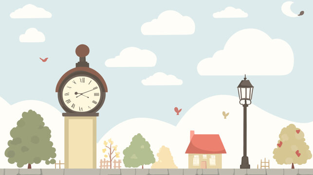 Charming town illustration with clock, house, trees, clouds, moon, and lamppost