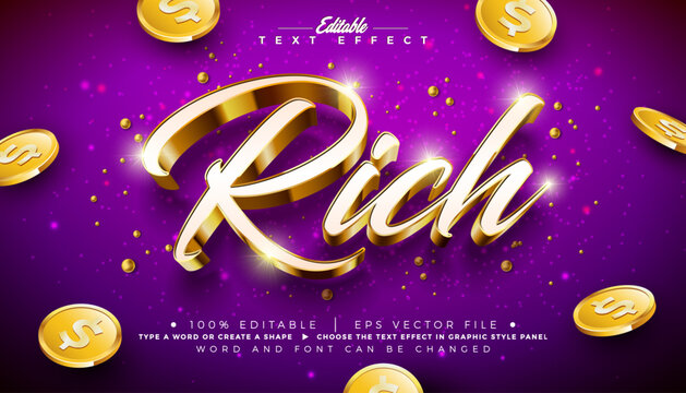 Rich Editable Text Effect Vector Graphic Style with Golden Framed White 3D Typography Lettering and Gold Coin on Shiny Purple Background. Premium Scalable Luxury Illustration Template for Greeting Car