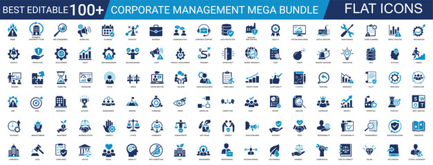 Complete Corporate Management Business Strategy and Professional Ethics Icon Set. Leadership, Governance. Success, Development, Organization. Editable  Solid Vector illustration Pack. © Iconova Studio