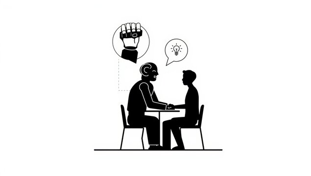 A robot and a man sitting at a table having a conversation isolated on white background