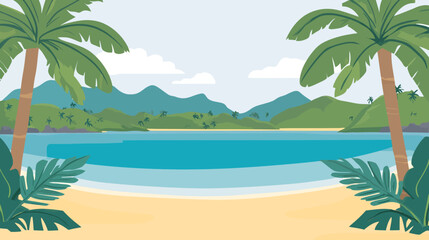 Fototapeta premium Illustration of a serene beach scene with palm trees, sandy shore, and a tranquil ocean