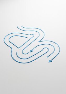 A winding, unpredictable path drawn on a pure white surface, illustrating complexity, deviation, and indirect solutions to challenges, route, space, idea