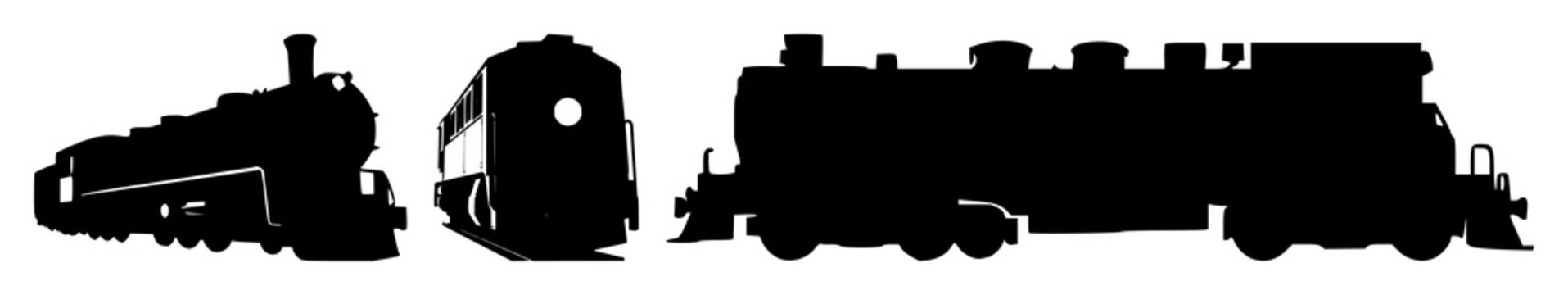 Train engine set with black silhouette on white background featuring locomotive, train, silhouette with graphic and illustration