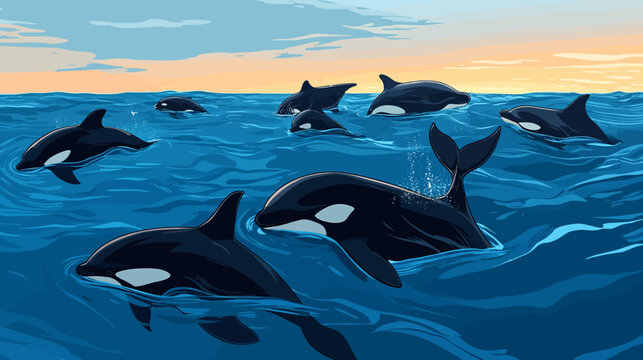 Pixelated illustration depicting a pod of orcas swimming in the ocean under a sunset sky