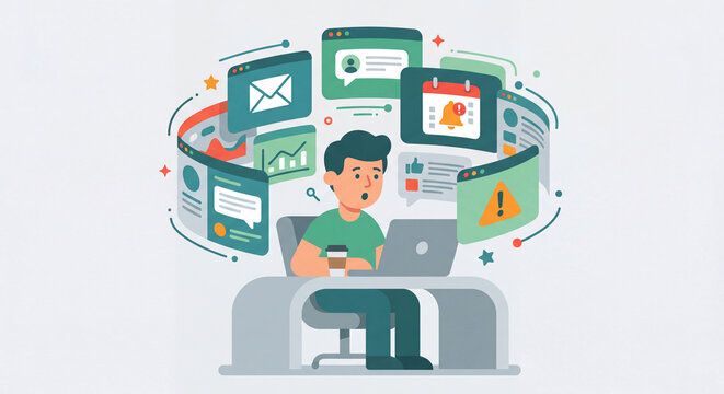 Man overwhelmed by multiple digital notifications on computer and phone screens