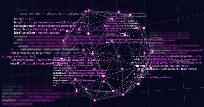 Glowing spherical 3D network graph rotating in virtual space, with magenta nodes and code overlays