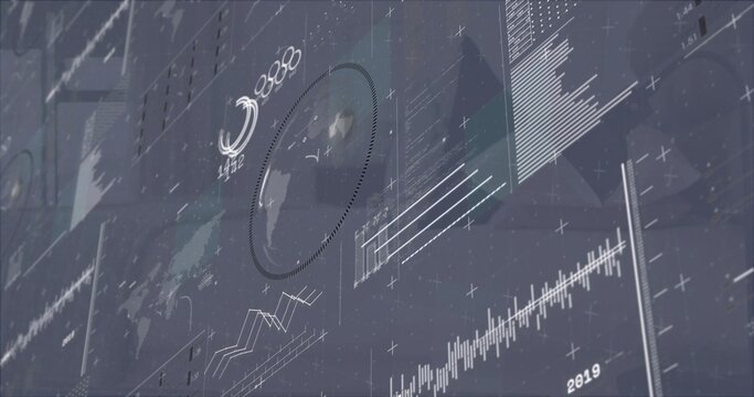 Projecting analytics dashboard on glass monitor, showing dotted globe, charts, gridlines, 2020 2019