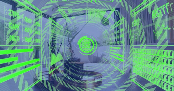 Glowing neon-green HUD overlaying lounge, displaying concentric rings, numbers, graphs, glass doors