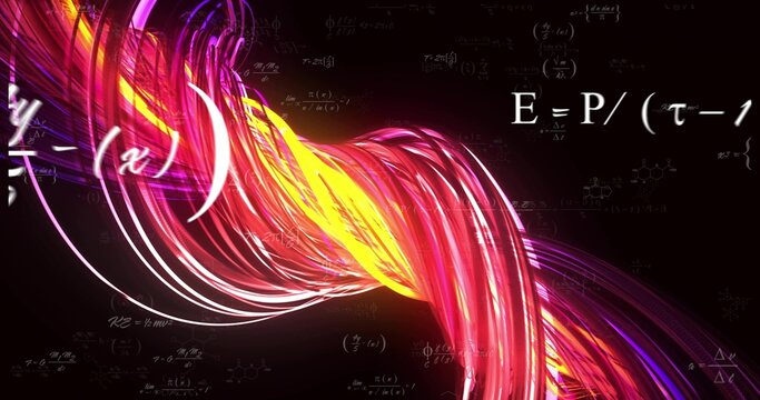 Flowing braided ribbon streaking across dark backdrop, showing equations, glyphs and highlights