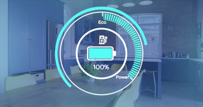 Displaying circular battery HUD hovering over kitchen and dining area, showing 100% Eco Power
