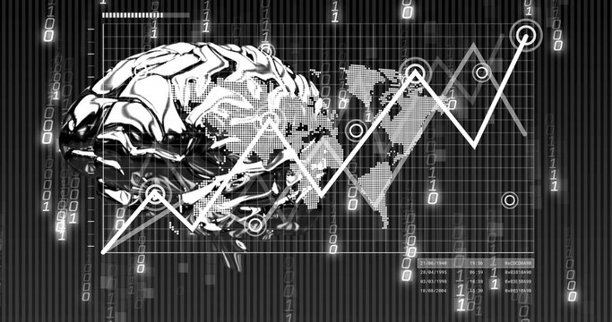 Showing metallic brain overlapping grid with dotted world map jagged line graph binary streams