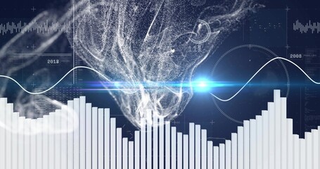 Swirling central white particle plume moving through dashboard showing bar chart, blue lens flare © vectorfusionart