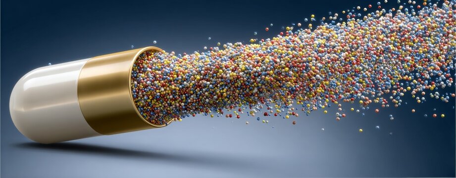 A modern abstract rendering of an open pill capsule, complete with glowing particles and a splash, symbolizing medicine and health technology