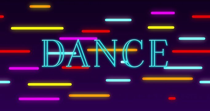 Neon word DANCE pulsing while glowing bars reacting to rhythmic beat for nightlife poster