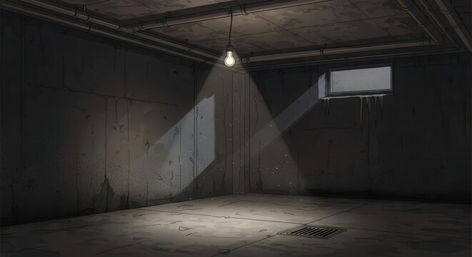 Bare light bulb illuminates a desolate and gloomy concrete room.