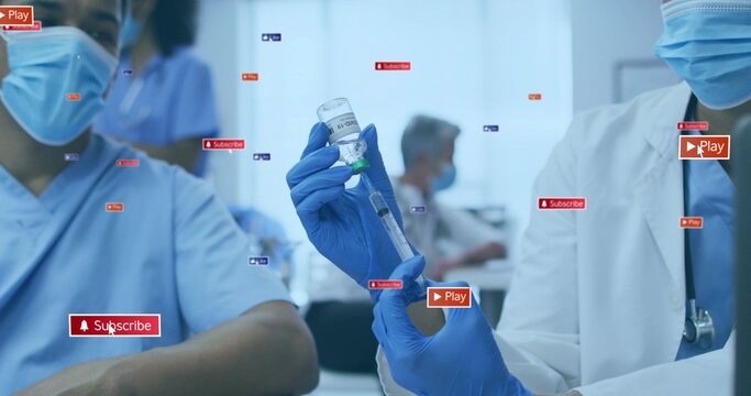 Dr filling syringe after patient rolling sleeve for vaccine, red Play Subscribe icons overlaying