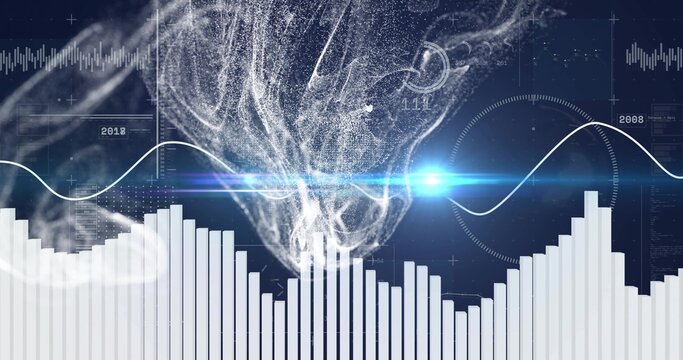 Swirling central white particle plume moving through dashboard showing bar chart, blue lens flare
