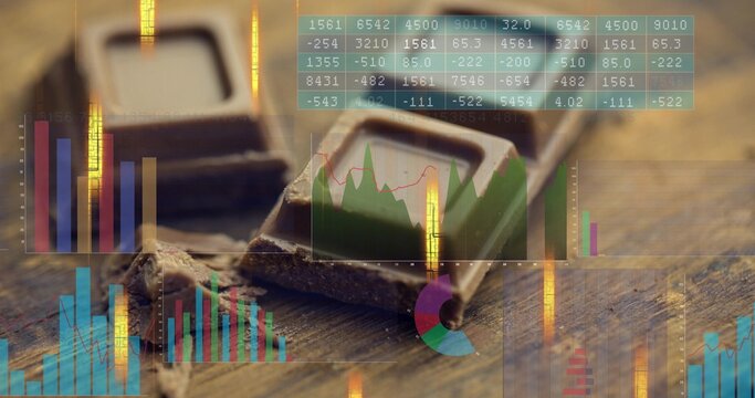 Showing broken dark chocolate square with crumbs melting on wood tabletop, data charts overlaying