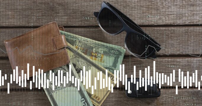 Showing bifold wallet revealing US bills on wood table, with shades phone and waveform code overlay