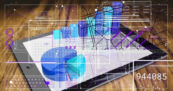 Displaying tablet computer showing map overlays, blue pie chart and virtual keyboard on wood desk