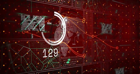 Displaying central circular gauge showing 129 on data display, with dotted globe and route lines © vectorfusionart