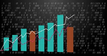 Showing turquoise orange bars tracing upward trend on binary dashboard, showing white magenta lines © vectorfusionart