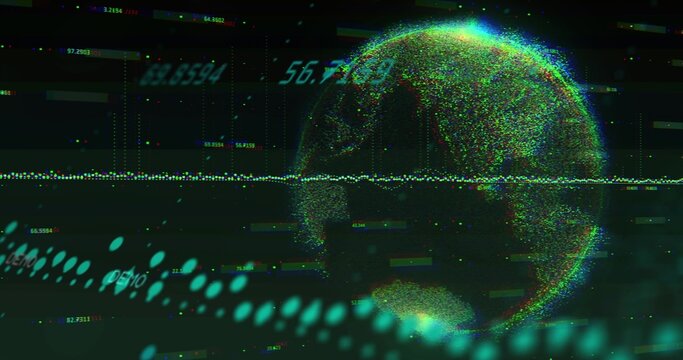 Rotating digital particle globe displaying scan line in HUD, plus teal arc and numeric readouts